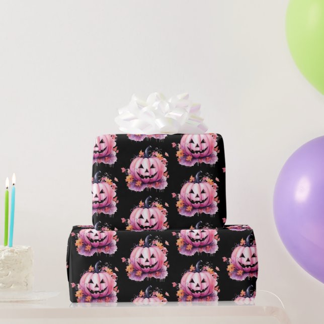 Rosa Jack-O' Lantern Orange Blätter Schwarzes Hall Geschenkpapier (Partygeschenke)