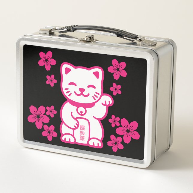 Rosa Japanisch Maneki-neko Metall Brotdose (Vorderseite)