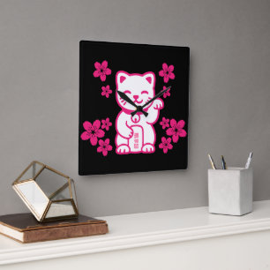 Rosa Japanisch Maneki-neko Quadratische Wanduhr