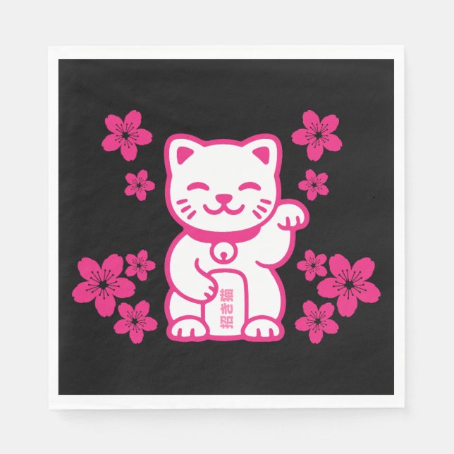Rosa Japanisch Maneki-neko Serviette (Vorderseite)