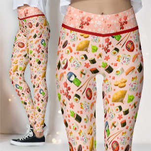 Rosa japanische Maneki Neko Katze und Sushi Leggings