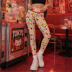 Rosa japanische Maneki Neko Katze und Sushi Leggings