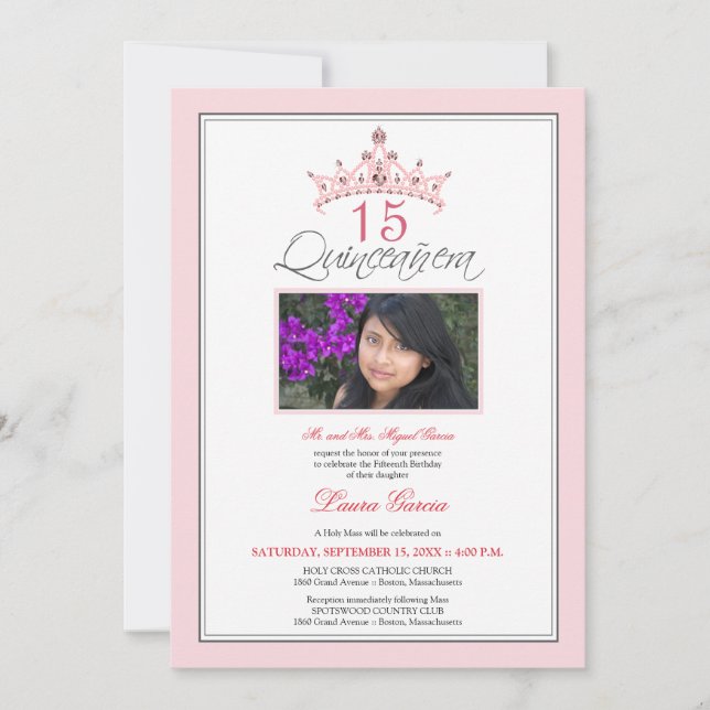 Rosa Jeweled Tiara Quinceanera Einladung (Rosa) (Vorderseite)