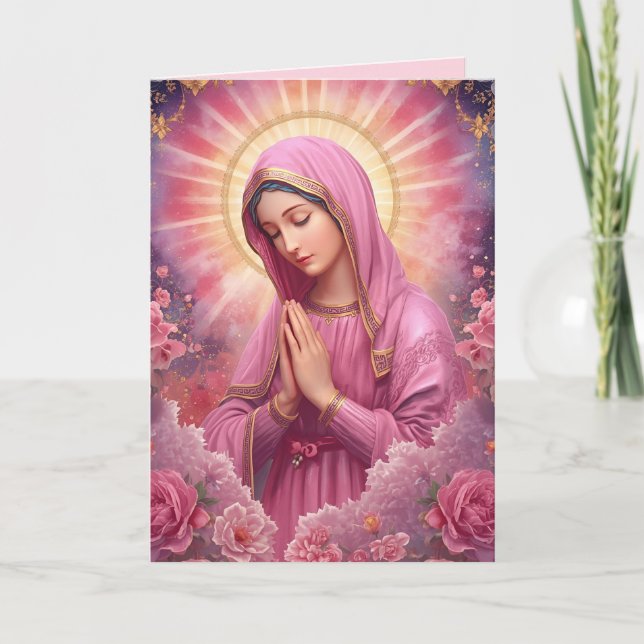 Rosa Jungfrau Mary Beileid geklappte Grußkarte Karte (Vorderseite)