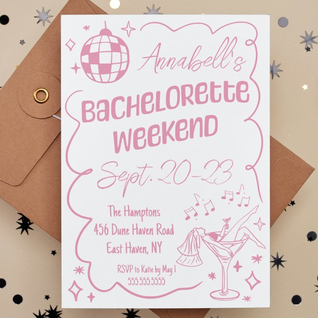 Rosa Junggeselinnen-Abschied Disco Einladung (pink bachelorette party weekend invitation hand drawn disco cocktail modern weekend itinerary cute)