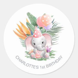 Rosa Jungle Elephant 1. Geburtstag Runder Aufkleber
