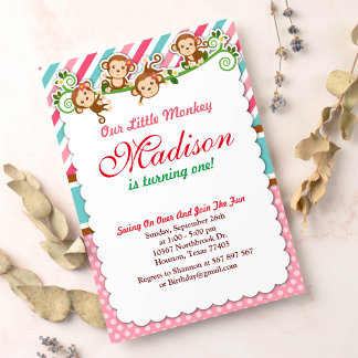 Rosa Jungle Monkey Safari Tier Geburtstag Einladung