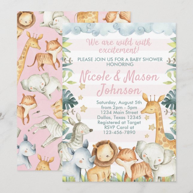 Rosa Jungle Safari Babydusche Einladung (Vorne/Hinten)