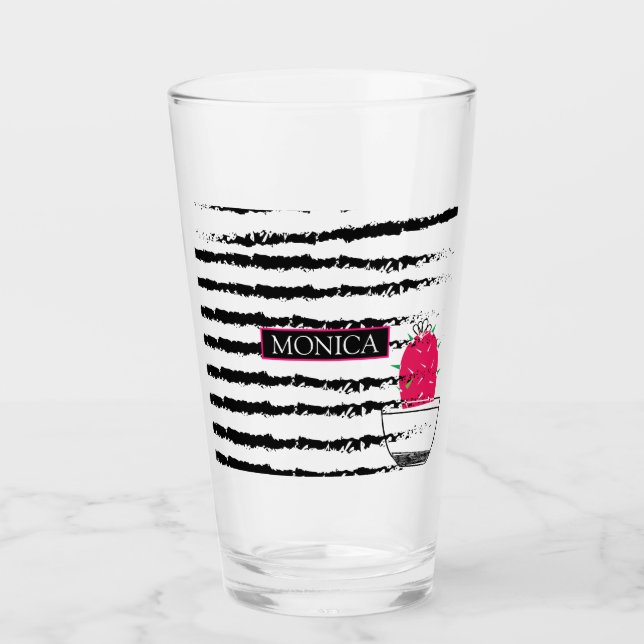 Rosa Kaktus gestreiftes Monogramm Glas (Vorderseite)