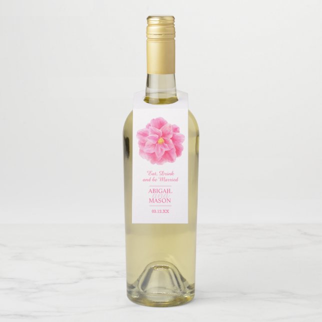 Rosa Kamelie Aquarell Winterfrühlingshochzeit Flaschenanhänger (Auf Flasche)