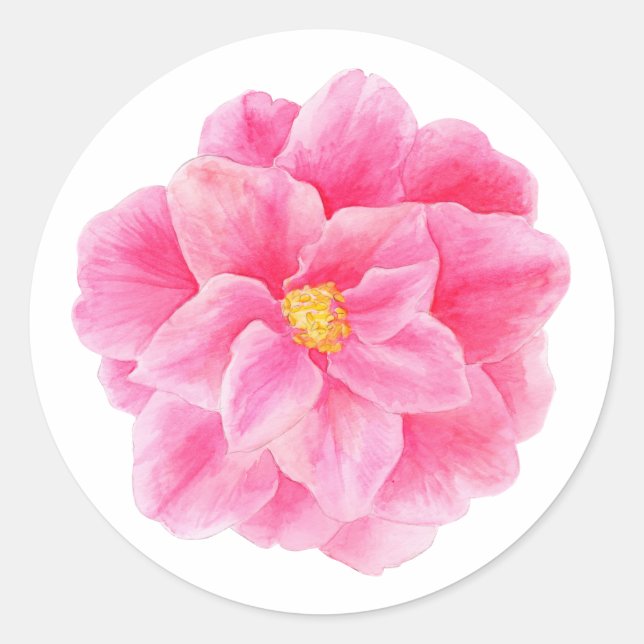 Rosa Kamelie Blume Aquarellfarben-Aufkleber Runder Aufkleber (Vorderseite)