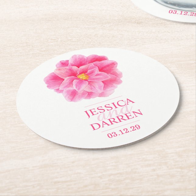 Rosa Kamelien Hochzeit in Aquarellfarben Untersetz Runder Pappuntersetzer (Angewinkelt)