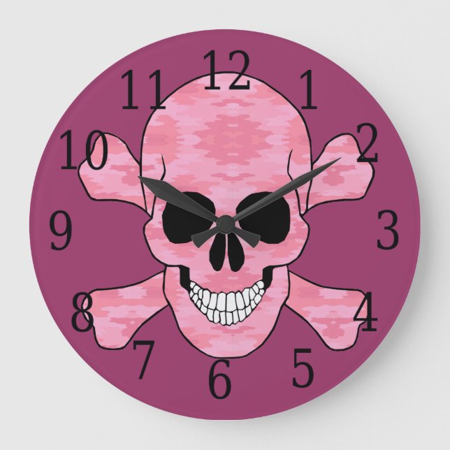 Rosa Kammmuschel-Schädel und Kreuzbein-Uhr Große Wanduhr (Vorderseite)