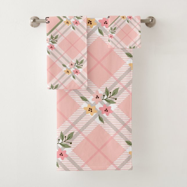 Rosa Kariert florale Monogramm Badhandtuch Set (Insitu)