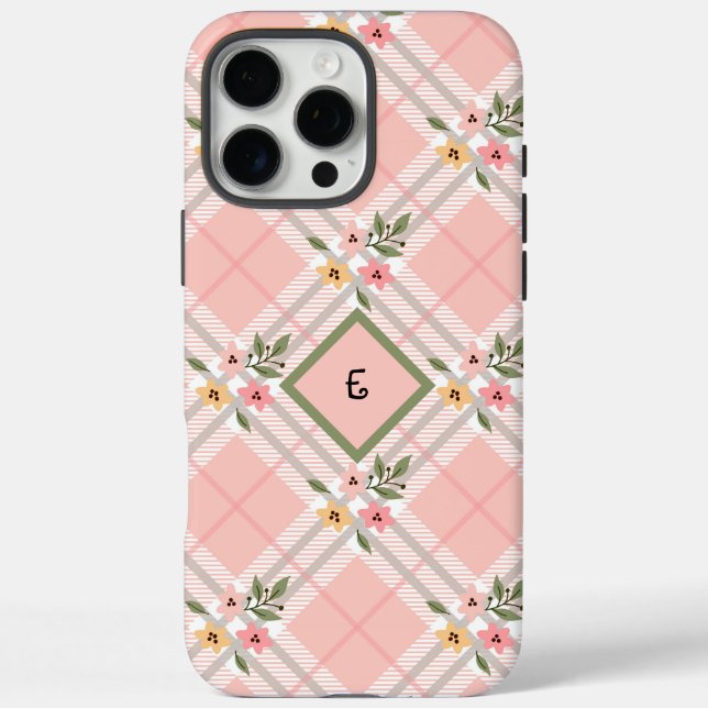 Rosa Kariert florale Monogramm iPhone 16 Pro Max Hülle (Rückseite)