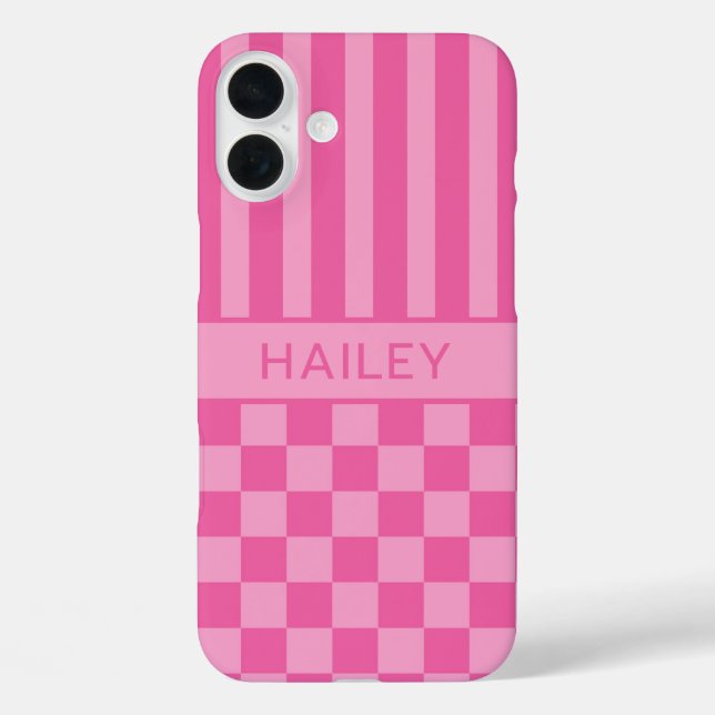 Rosa kariert gestreift personalisiert iPhone 16 plus hülle (Rückseite)