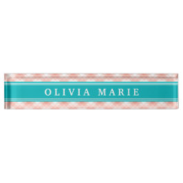 Rosa Kariert Stripe Muster Aquamarin Blauer Akzent Namensplakette