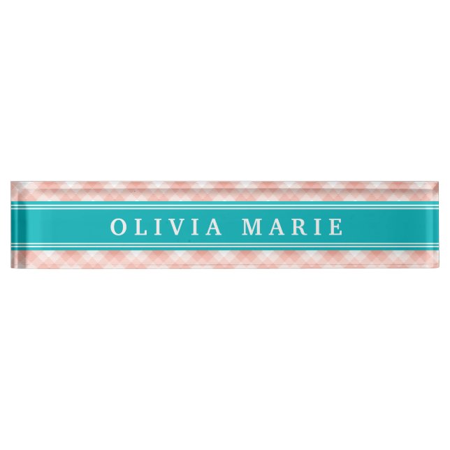 Rosa Kariert Stripe Muster Aquamarin Blauer Akzent Namensplakette (Vorderseite)