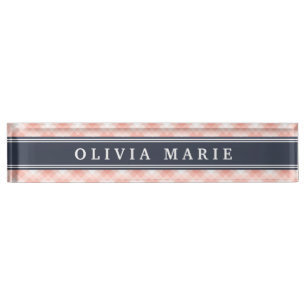 Rosa Kariert Stripe Muster Navy Blue Akzent Namensplakette