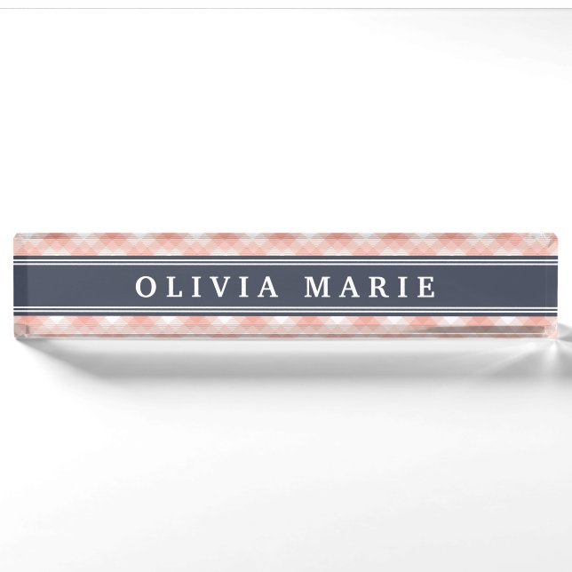 Rosa Kariert Stripe Muster Navy Blue Akzent Namensplakette (Vorderseite)