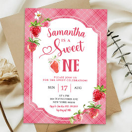 Rosa Kariert Sweet One Girl Strawberry 1. Geburtst Einladung