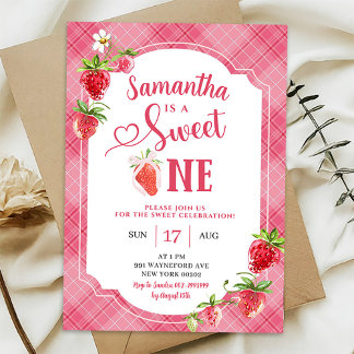 Rosa Kariert Sweet One Girl Strawberry 1. Geburtst Einladung