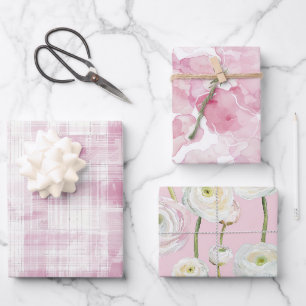 Rosa Kariert Weiße Streifen Floral Abstract Geburt Geschenkpapier Set