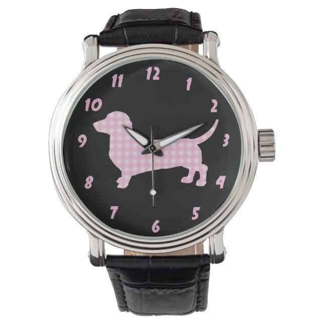Rosa Karierte Dackel Dackel Hund Armbanduhr (Vorderseite)