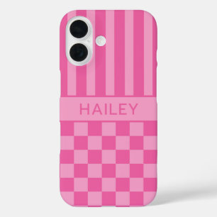 Rosa karierte gestreifte Personalisierung iPhone 16 Hülle