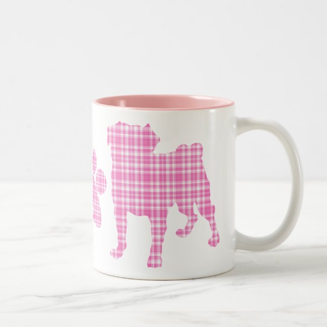 Rosa karierte Möpse und Tatzen-Tasse Zweifarbige Tasse (Rechts)