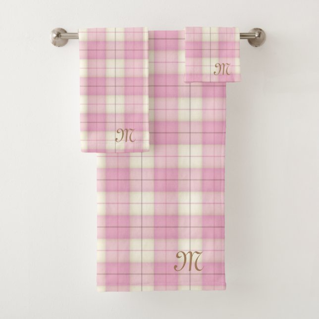 Rosa Karierte Tartan-Personalisierte Monogramm-Gir Badhandtuch Set (Insitu)