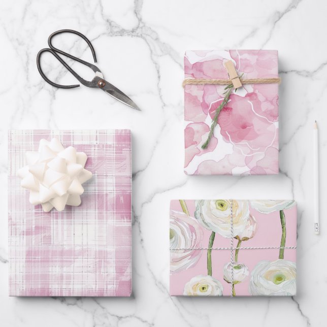 Rosa Karierte weiße Streifen Blumenmuster Abstrakt Geschenkpapier Set (Vorderseite)