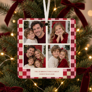 Rosa kariertes 4-Foto-Familien-Weihnachten Ornament Aus Metall