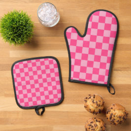 Rosa kariertes Druckmuster Ofenhandschuh & Topflappen-Set