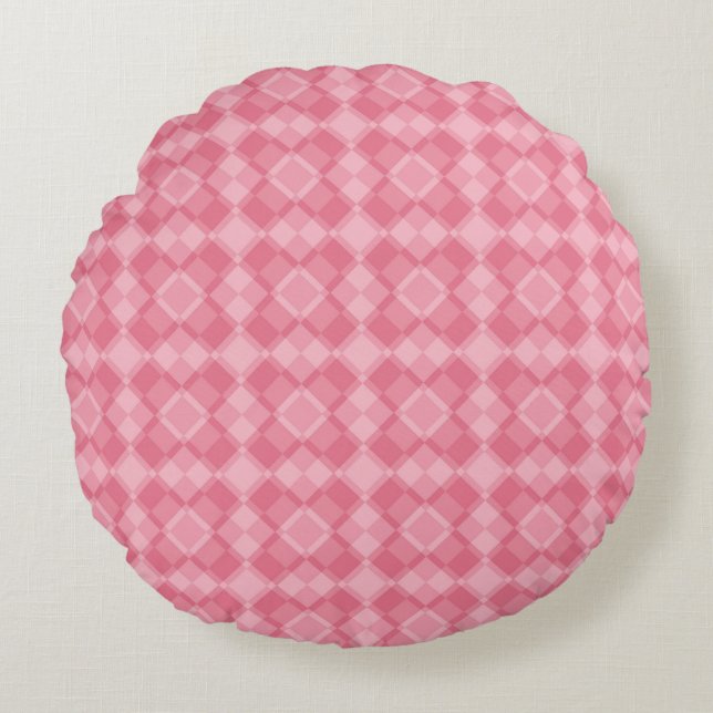 Rosa Karo-Argyle-Muster Rundes Kissen (Vorderseite)