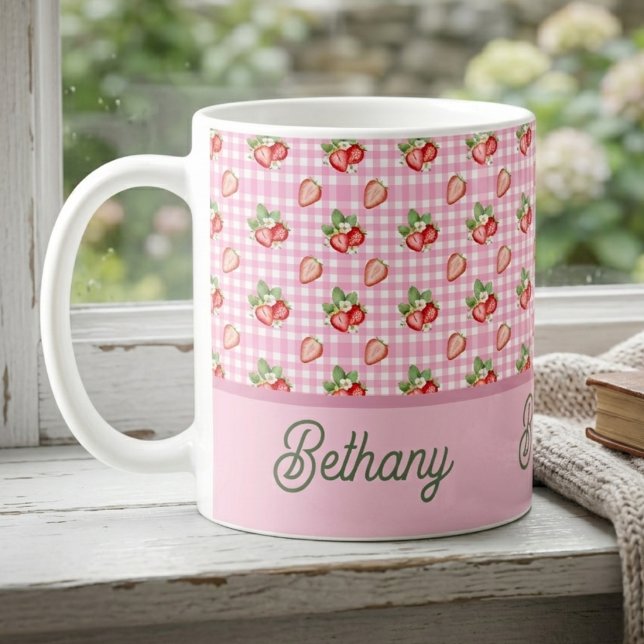 Rosa Karo-Karo-Muster Erdbeere Gingham-Muster Kaffeetasse (Von Creator hochgeladen)