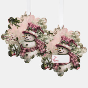 Rosa Karo-Schneemann-Weihnachtsgeschenkanhänger mi Ornament Karte