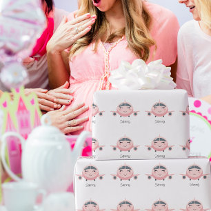 Rosa Karo süßes Flugzeug Mädchen Name personalisie Geschenkpapier