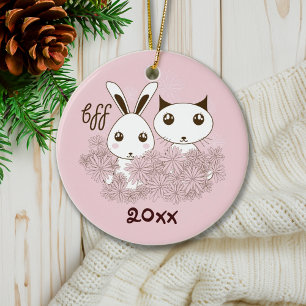 Rosa Kätzchen und Häschen Tier Freunde Kinder Keramik Ornament