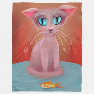Rosa Katze Goldfish Blue Tablecloth Malerei Fleecedecke