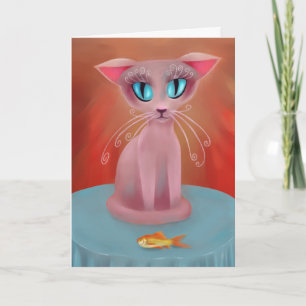 Rosa Katze mit einem Goldfisch auf einem blauen Ti Karte