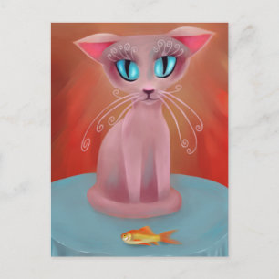 Rosa Katze mit einem Goldfisch auf einer blauen Ti Postkarte