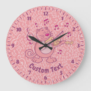 Rosa Katze mit Geige Große Wanduhr