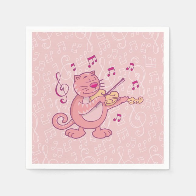 Rosa Katze mit Geige Serviette (Vorderseite)
