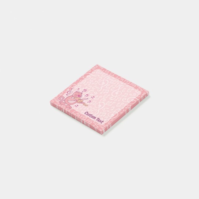 Rosa Katze mit Geigennotizen Post-it Klebezettel (angewinkelt)