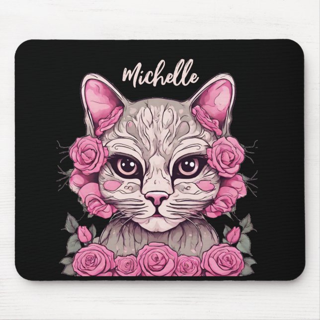 Rosa Katze mit Rosen Floral-Mauspad Benutzerdefini Mousepad (Vorne)