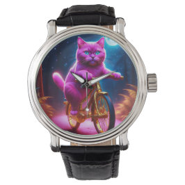 Rosa Katze Reiten auf dem Goldenen Rad Armbanduhr