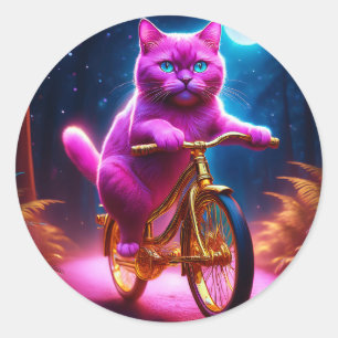 Rosa Katze Reiten auf dem Goldenen Rad Runder Aufkleber
