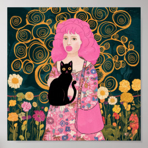 Rosa Kaugummi-Dame mit Gustav Klimt Katzenkunst Poster