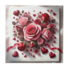 Rosa Keramik Blumenstrauß und Rotes Herz Tile Fliese
